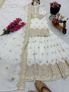 Presentación de nuevos trajes de fiesta de diseñador Vichitra Silk Heavy Sequence bordado Top y Sharara con Dupatta Designer Traje de 3 piezas - Product Image 5