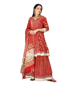 New Designer Party Wear Cereja Vermelho Anarkali Handblock Chanderi Suit Com Plazzo e Dupatta Set Preço De Atacado Desgaste Étnico