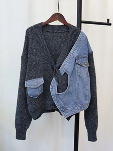 Meilleur cardigan tricoté en denim épissé pour femmes pull ample décontracté polyvalent veste femme tendance 2024 automne nouveaux articles veste - Product Image 3