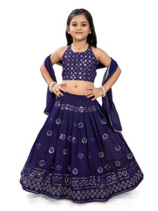 Shoryam Fashion Girls Fully Stitched <b>Floor</b>-Length <b>Mirror</b> Work Lehenga Choli Navy Blue Traditional Indian Festive Party Outfit - Product Image 3