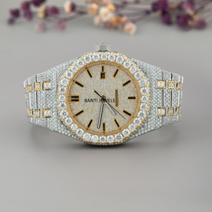 Montre de luxe antique bicolore entièrement sertie de moissanite, en verre et acier inoxydable, 20 mm, style Hip Hop, brillance premium, écologique, double mouvement - Product Image 3