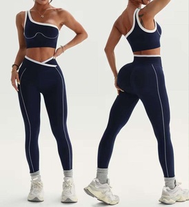 Wholesale Custom Made Women's Seamless Color Blocking Yoga Set Single Shoulder Sports Bra and High Waist Hip Lifting Leggings - Product Image 1