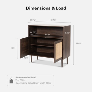 Rustic Wood and Rattan Two Door Cabinet with Open Shelf Elegant <b>Dark</b> Walnut Finish Storage Unit for Living <b>Room</b> and Dining Space - Product Image 3