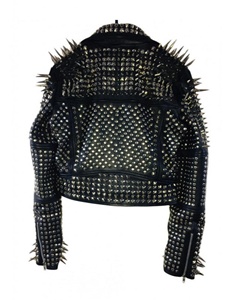 Picos de Metal para mujer, marca nueva, estilo ajustado para motocicleta, abrigo de cuero genuino, proveedor de chaqueta Punk de cuero con tachuelas plateadas para motorista - Product Image 6