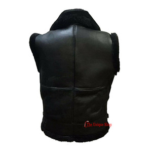 Mens Winter Flight Avi-Ator Fur Shearling Sheepskin <b>Black</b> Leather <b>Vest</b> - Casual Sleeveless Jackets Winter Waistcoat - Unisex - Product Image 5
