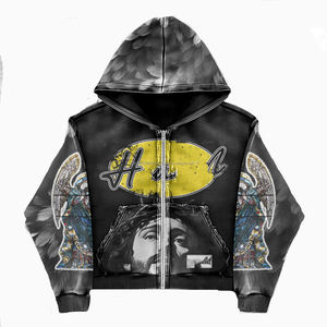 Custom 100% Cotton Vintage Oversized Distressed <b>Black</b> Streetwear Boxy Embroidery <b>Men</b> Hooded Collar Washed Winter <b>Hoodies</b> for <b>Men</b> - Product Image 1