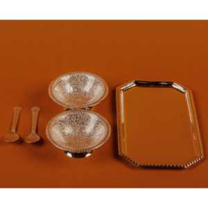 Cesta de Regalo de Lujo Alemana, Juego de 2 Tazones y Bandeja, Vajilla Plateada para Fiestas, Caja de Madera Incluida - Product Image 1