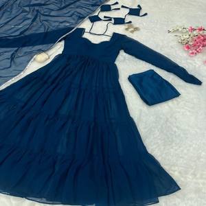 VASTRA COTTAGE Pure Georgette Anarkali Gown with Full Flair Sequins Work Georgette Dupatta and Butter Cotton Pant - Product Image 5