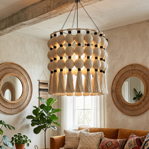 Lustre Macramé Bohème à Pompons 40x50cm, Luminaire Suspendu à Franges et Glandes, Décoration de Plafond pour Chambre d'Enfant NF - Product Image 1