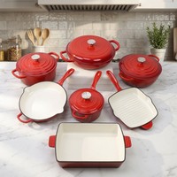 Juego de 11 Piezas de Ollas y Sartenes de Hierro Fundido Esmaltado en Rojo, Aptas para Inducción, Antiadherentes, Resistentes, para Cocina Casera y Catering