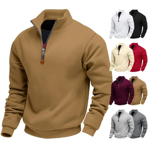 Sudadera de manga larga con cuello levantado forrado de lana de estilo americano para hombre, ropa deportiva informal, sudadera cálida y cómoda con media cremallera - Product Image 5
