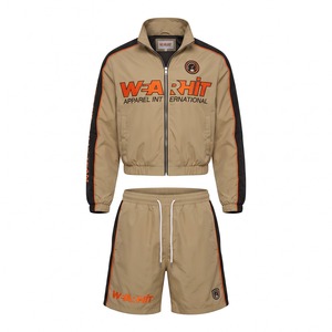 Ensemble coupe-vent : veste de course en nylon à manches contrastées zippée et short kaki noir, logo personnalisé OEM - Product Image 1