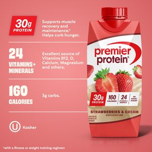 Shake protéiné Premier Protein, fraises et crème, 30 g de protéines, 24 vitamines et minéraux pour soutenir la santé immunitaire, 11 fl oz, lot de 12 - Product Image 3