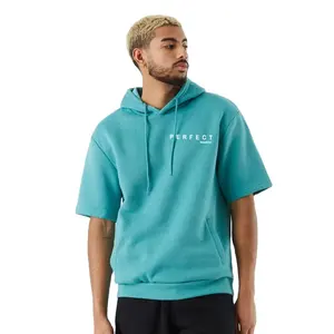 High Quality Fleece Short Sleeve Hoodie Turquoise OEM Customized 100% cotton pullover streetwear hoodies for men
