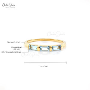 Anillo de piedras preciosas Aguamarina de corte Baguette de 0,24 quilates de alta calidad, de 14K amarillo oro sólido, compromiso, tres piedras, fiesta de boda bonita - Product Image 2