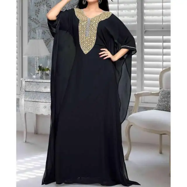 Kaftan gaun Kaftan Dubai, gaun malam pernikahan bermanik-manik emas ukuran besar Kaftan Abaya berhias emas