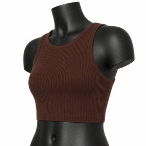 Top Corto Acanalado Marrón Personalizado para Mujer, Sin Mangas, para Yoga, Gimnasio, Fitness, Ropa Deportiva Activa, OEM, Venta al por Mayor - Product Image 3