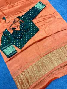 ผ้าไหมกัจจีแท้สำหรับผู้หญิง รุ่นใหม่ล่าสุด พร้อมพู่ห้อยแบบ Lagdi Patta ลาย Jari Chex Pallu ผ้าซารีเนื้อหนัก ดีไซน์ทันสมัย ผลิตในอินเดีย - Product Image 4