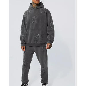 Survêtement unisexe lavé à l'acide coupe régulière 2 pièces ensemble de joggers à capuche solide décontracté vêtements de salon mode avant Street Style Looks - Product Image 1