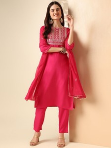 Mujeres étnico sólido Floral bordado yugo diseño lentejuelas recto Kurta con pantalones y Dupatta indio Pakistán Salwar kameez - Product Image 2