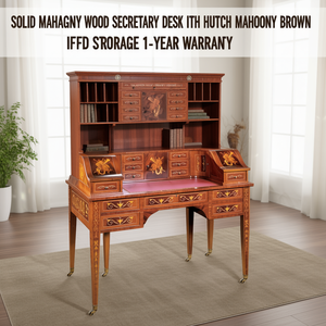 Bureau de secrétaire en bois de mahogany massif avec huche, bureau d'écriture rectangulaire en mahogany brun, rangement organisé, garantie 1 an - Product Image 3