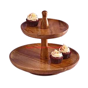 Modern 2 Tier <b>Wooden</b> Dessert Stand With Handle Acacia Wood <b>Cake</b> Cupcake Serving Tray For Parties Weddings And Home Decor - Product Image 5