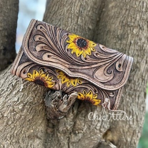 Cartera de cuero con herramientas de mano occidental, Cartera de girasol de cuero genuino, bolso de mano de piel de vaca auténtica, monedero de lujo para mujer occidental - Product Image 1