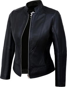 Chaquetas de cuero para mujer-Abrigo de cuero de motocicleta con estilo de piel de cordero real para mujer - Product Image 2