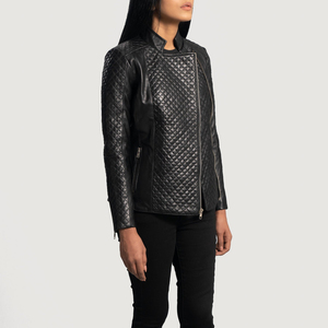 Women's Genuine <b>Leather</b> Quilted Moto <b>Jacket</b> Stand Collar Full Sleeve Zipper Closure Black Autumn Style - Product Image 4