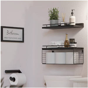 Lot de 3 étagères murales de salle de bain en bois et fer de ferme au-dessus des toilettes avec panier de rangement en papier pour le salon - Product Image 4