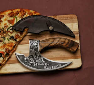 มีดดามัสกัสแบบดั้งเดิมเต็ม Tang เครื่องตัดพิซซ่าอเนกประสงค์ขวานเนื้อสับยูทิลิตี้เครื่องตัดพิซซ่ามีดขวานหนัง Sheath - Product Image 4