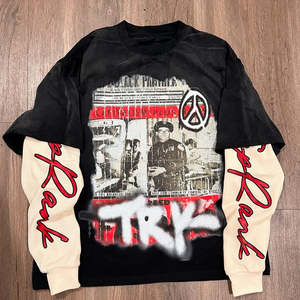 Venta al por mayor Hip Hop ácido lavado camiseta piedra de gran tamaño Unisex manga larga estampado gráfico pesado algodón lavado piedra impreso camisas - Product Image 3