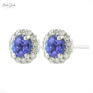 14K กระดุมทองสีขาว4มม. ต่างหูเพชร Tanzanite ธรรมชาติชุดง่ามอัญมณีสำหรับงานแต่งงานงานหมั้น - Product Image 1