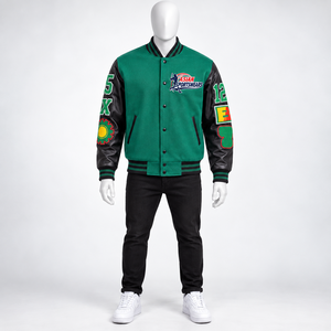 Veste universitaire en laine personnalisée pour homme, manches en cuir, patch brodé, boutons pression, col rayé, veste bomber style Letterman - Product Image 6