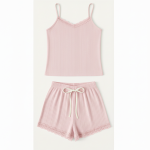 Wholesale Women's Above Knee Skinny Ribbed Knit <b>Lace</b> Trim <b>Camisole</b> Shorts Pajama Set 100% Cotton Soft Stretch Sleepwear - Product Image 1
