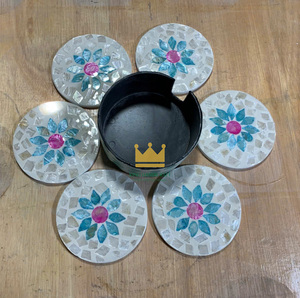 Elegant Design <b>Table</b> Top Handcrafted Mother <b>of</b> Pearl Inlay Round <b>coaster</b> with Holder <b>Set</b> <b>of</b> <b>6</b> Pcs - Product Image 6