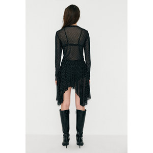 Women's Elegant Black Tulle Blouse with Stone Embellishments Long Sleeves Round Neck Sheer Party <b>Top</b> - Product Image 3