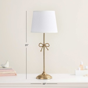 Lámpara de mesa de latón vintage moderna con acento de nudo de lazo y pantalla de tela blanca elegante iluminación de mesita de noche - Product Image 2