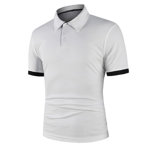 Chemise pour homme en polyester/coton respirant, couleur unie, tricotée, manches courtes, bordure contrastée, style décontracté, bleu clair, 200g - Product Image 4