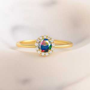 Multifire Black Opal Statement Ring 925 Sterling Silver 14K Gold Plated Natural Opal Birthstone Jewelry Gift For Her - Product Image 1