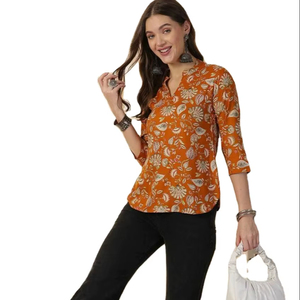 Alle und jede Art von digital bedruckten, kurzen, orangefarbenen, festlichen Kurtis für Damen zum Verkauf / Wir bieten auch Großhandelsangebote an. - Product Image 1