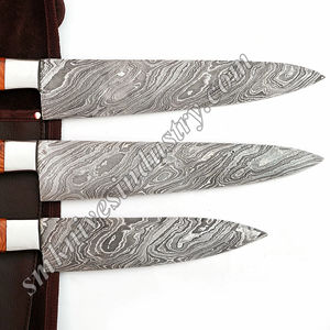 Juego de 3 cuchillos de chef hechos a mano de acero de Damasco de 12 pulgadas con kit de cuero cuchillo de cocina Smk1056 - Product Image 1