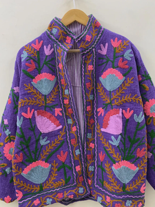 Veste Suzani brodée florale violette 100% coton Manteau d'été avec techniques de tricot imprimées Style court - Product Image 3