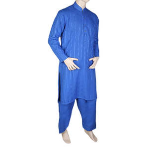 Shalwar Kurta para Hombre con Cuello de Banda -Jacquard- Azul - Product Image 1