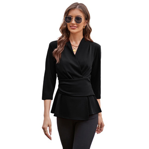 GRACE KARIN Damen 2023 <span class=keywords><strong>Peplum</strong></span> Oberteile Locken V-Ausschnitt 3/4 Ärmel Arbeit Business-Bluse solide Krawatte Taille Brautfreihemden - Product Image 4