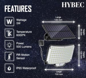 HYBEC-lampada solare esterna con sensore di movimento, illuminazione solare automatica per giardino, ingresso o terrazza 5W - Product Image 6