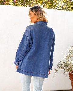 Chaqueta vaquera con botones de gran tamaño a la moda para mujer con dobladillo con abertura de manga larga y bolsillo Estilo sexy Vintage para Otoño e Invierno - Product Image 3