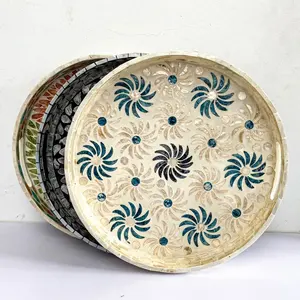 Best Choice Mother of Pearl <b>Round</b> <b>Tray</b> with Handle Customized Dishes Plates for Table Decoration From Handmade in Vietnam - Product Image 3
