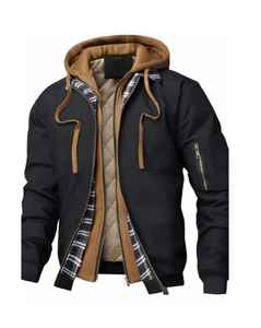 Chaqueta con capucha informal para hombre con forro a cuadros: ropa de abrigo de invierno cálida y elegante, chaqueta bomber para hombre - Product Image 1
