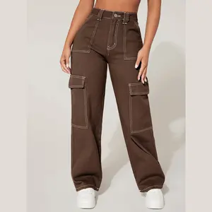 Pantaloni a vita bassa con tasca con patta da donna di moda leggera pantaloni dritti cargo in nylon con logo personalizzato all'ingrosso per le donne